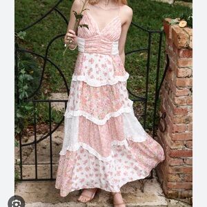 Altard State FloralTiered Maxi Dress with Lace Trim - Pink & White